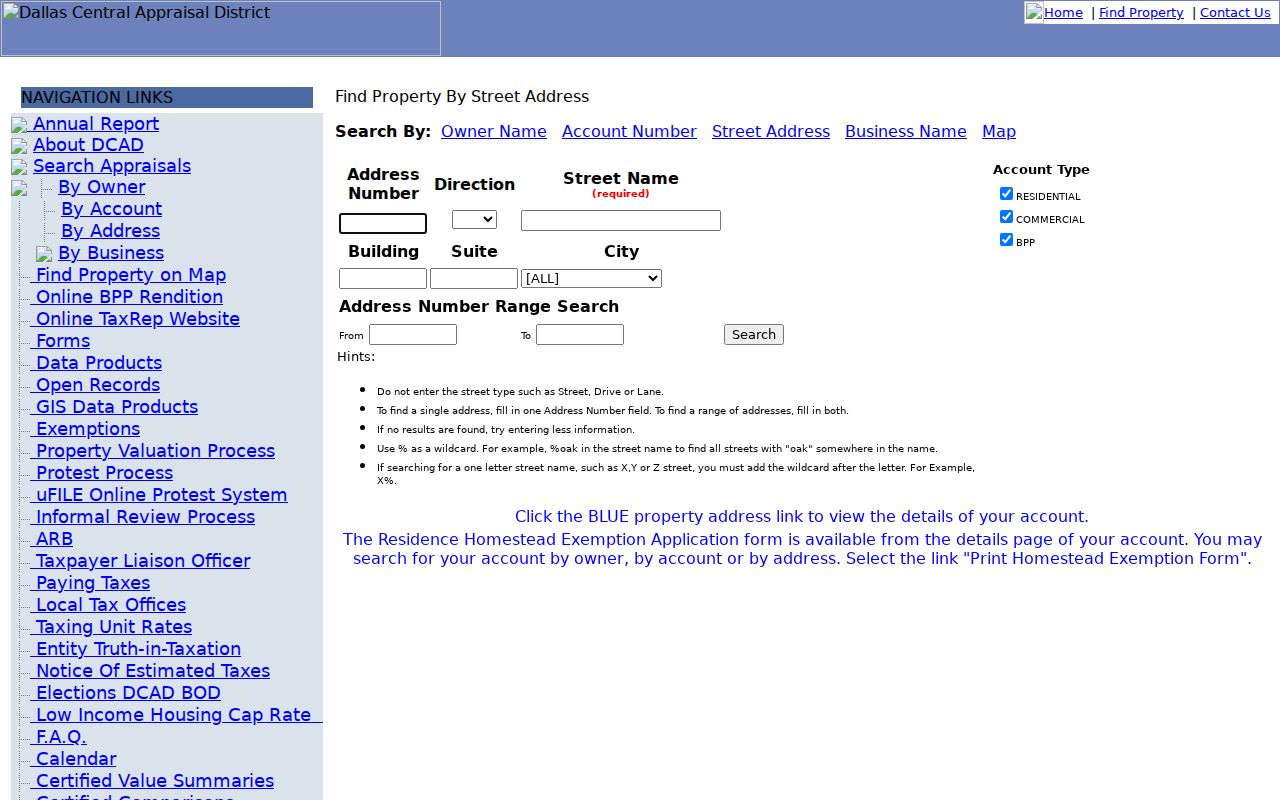 Lancaster residents directory DCAD address-search controls