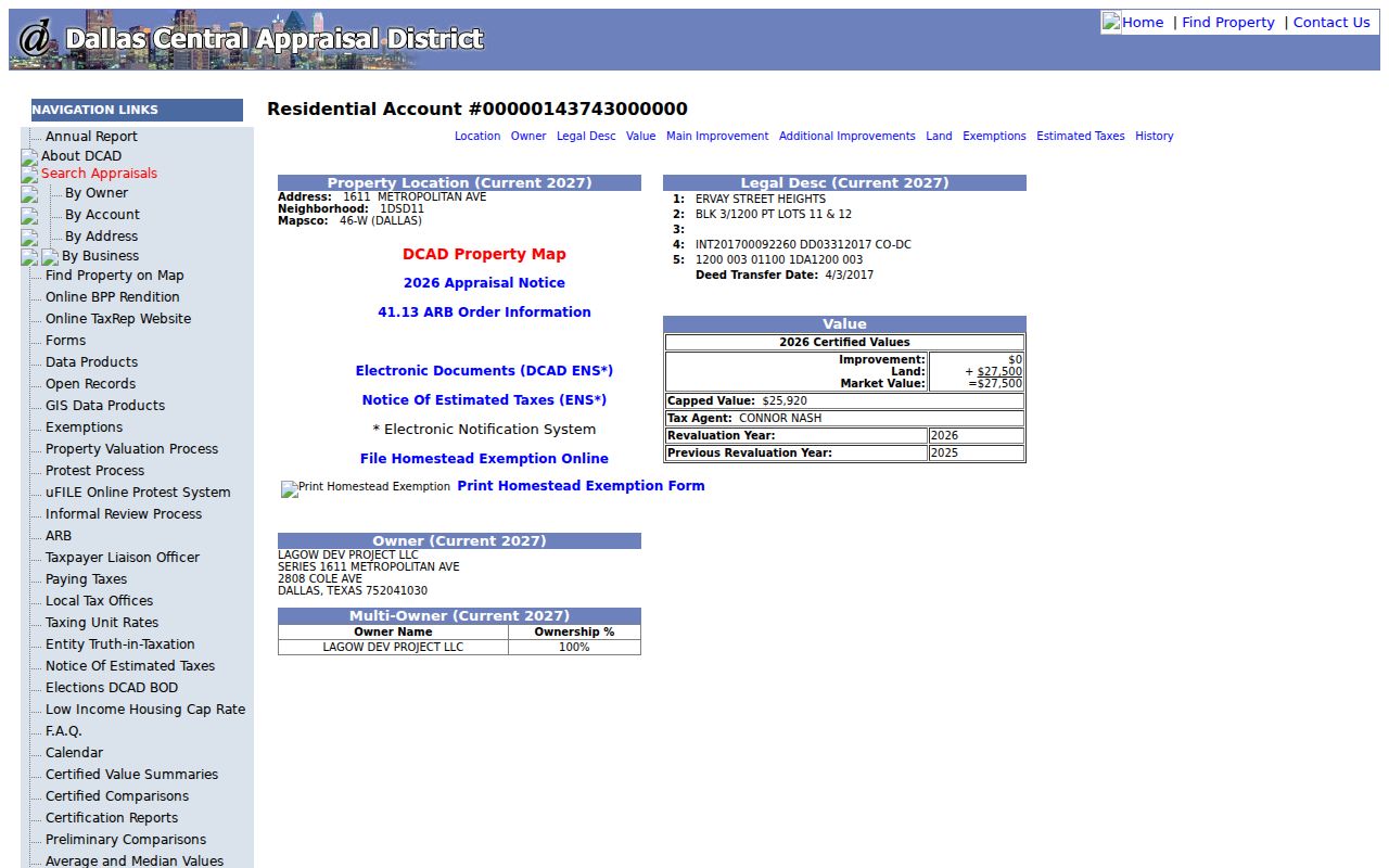 Lancaster residents directory DCAD parcel account detail
